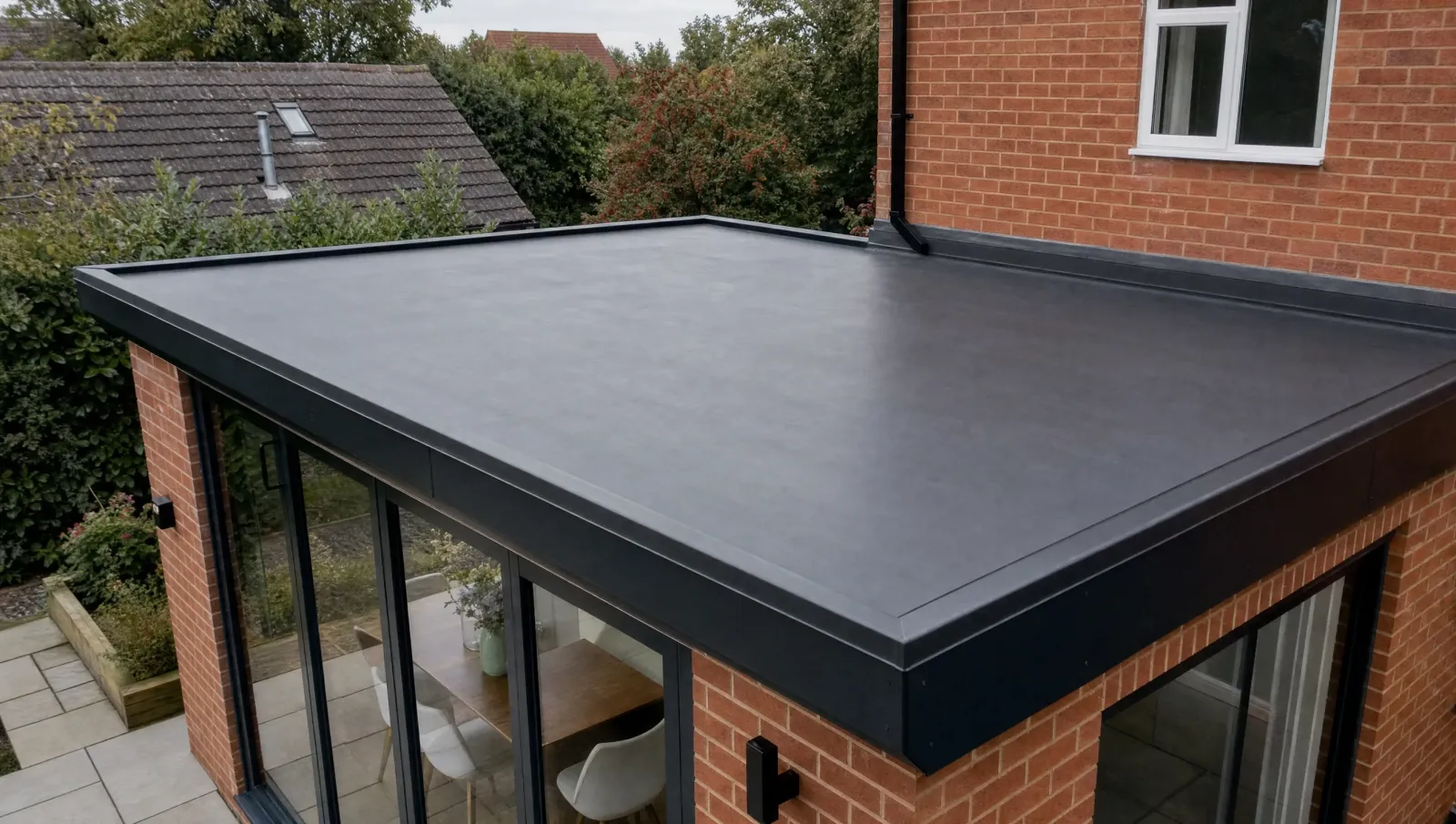 Finished dark EPDM flat roof on a modern extension
