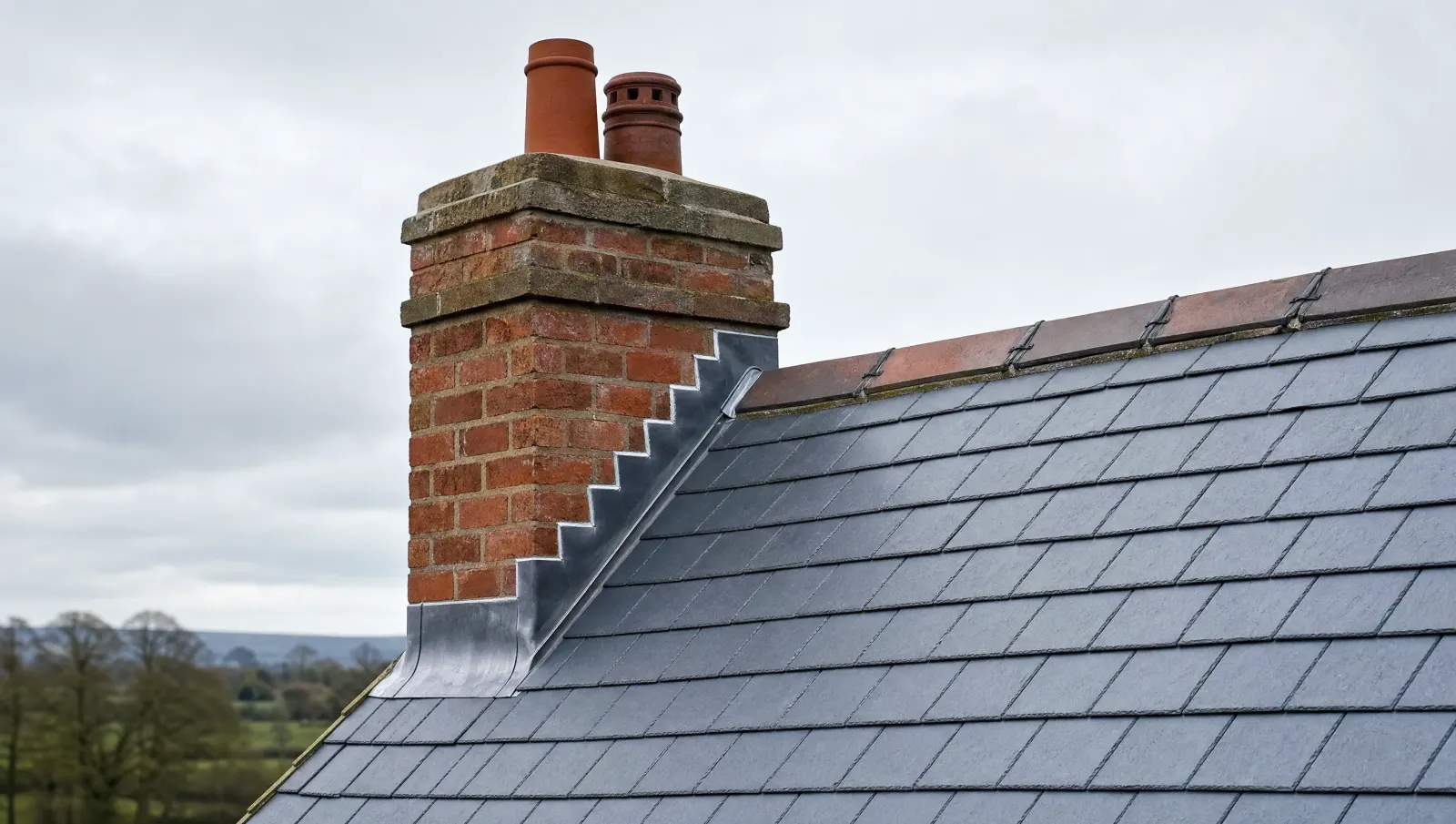 Traditional brick chimney with sound lead flashing and slate roof