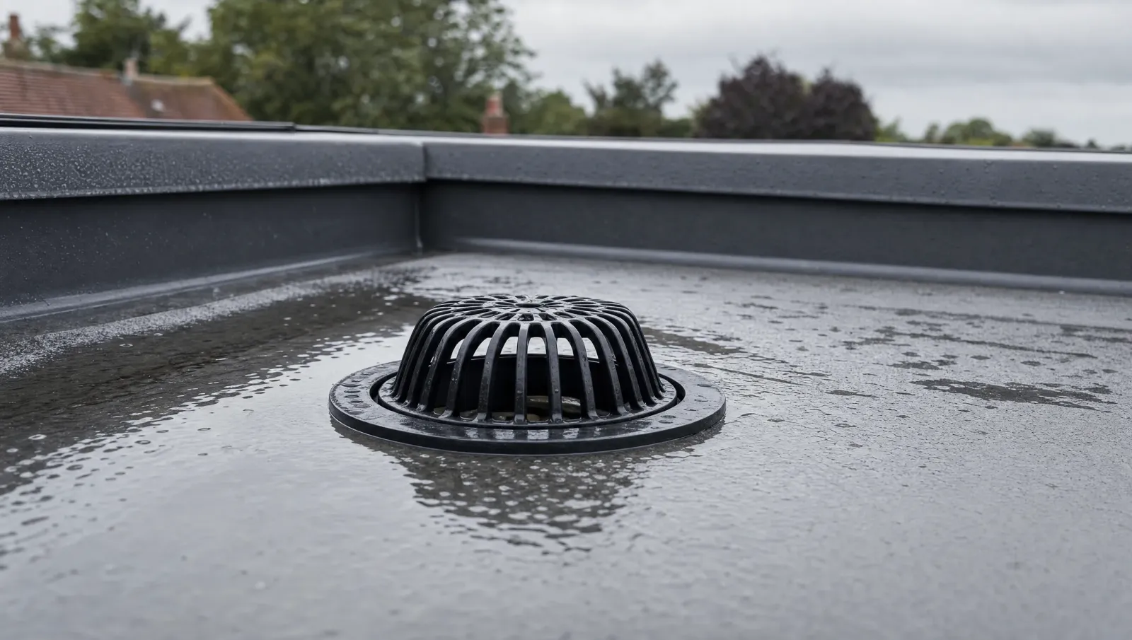 Rainwater outlet on a modern flat roof after rainfall