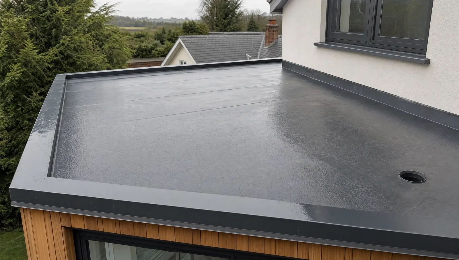 Well-maintained EPDM flat roof with drainage outlet