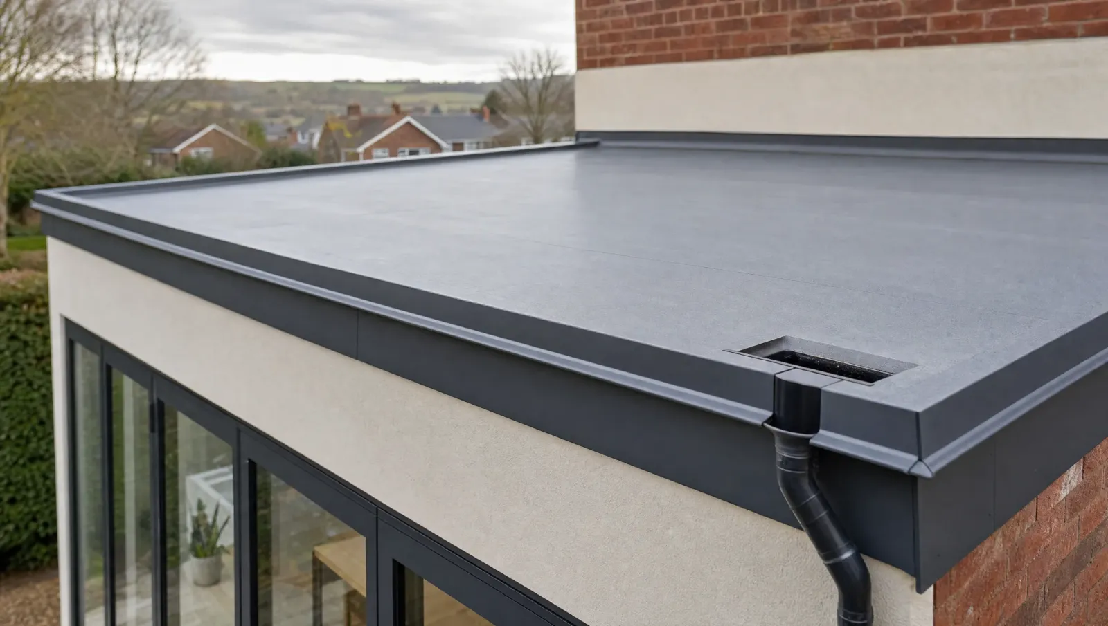 Flat roof with clean outlet and neatly finished edge trim