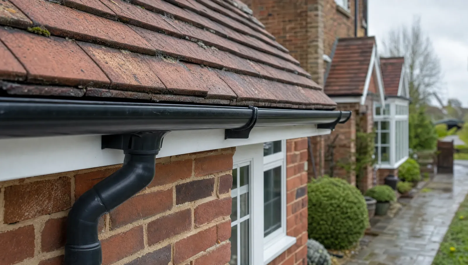 Rainwater gutter and tiled roof edge on a British house