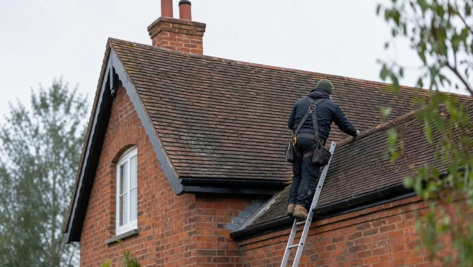 Roofer assessing a tiled roof on a Worcestershire home