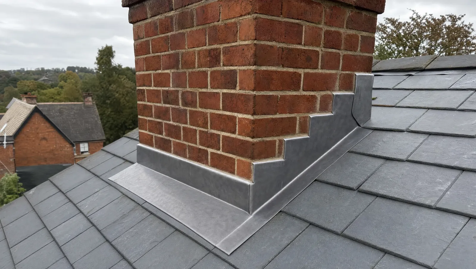 Lead flashing neatly dressed around a brick chimney