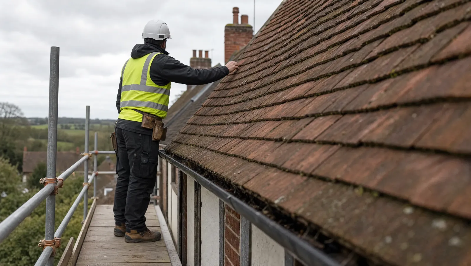 Roofer safely inspecting a tiled roof from access equipment