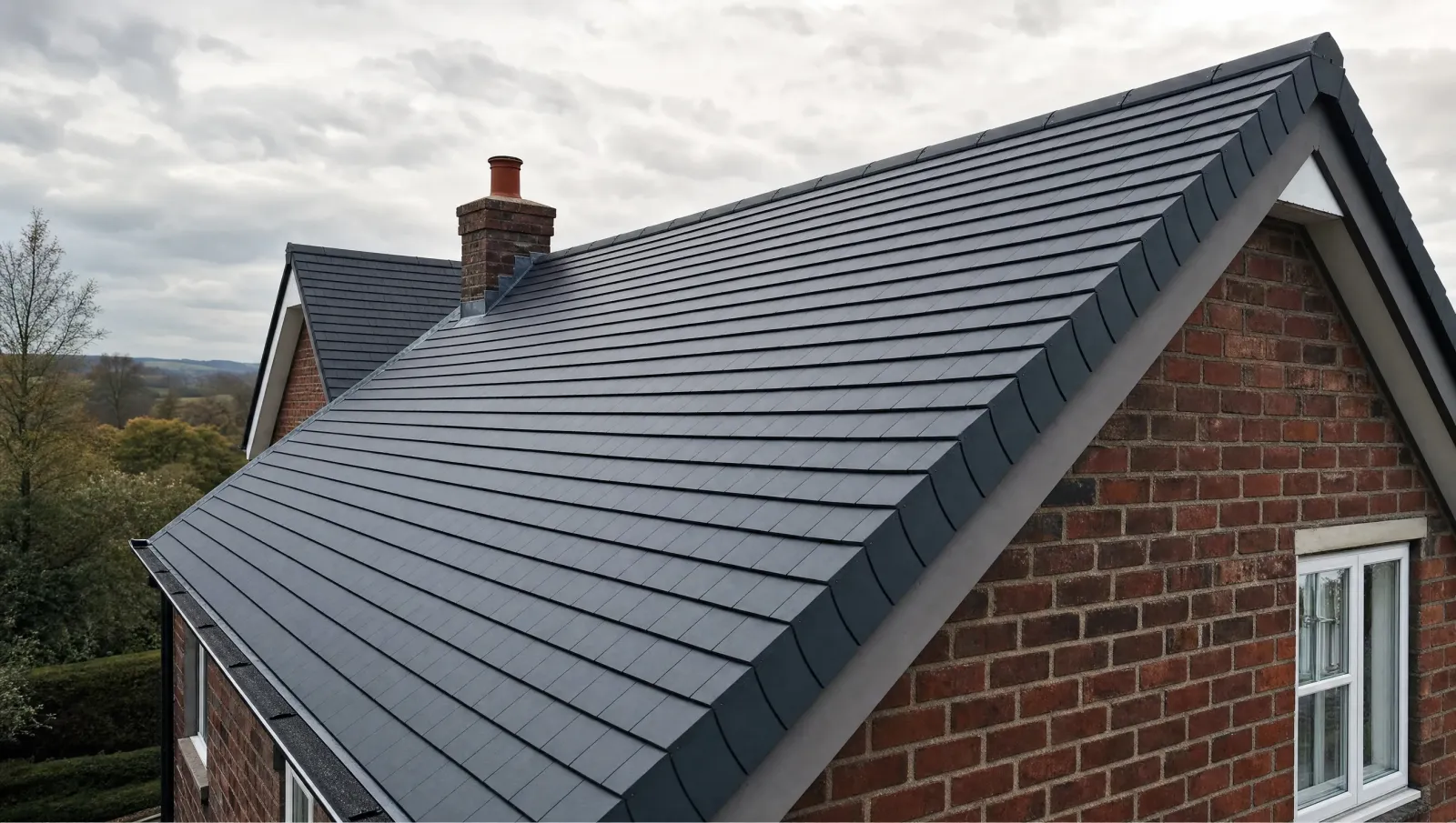 Newly completed pitched roof with even tile lines