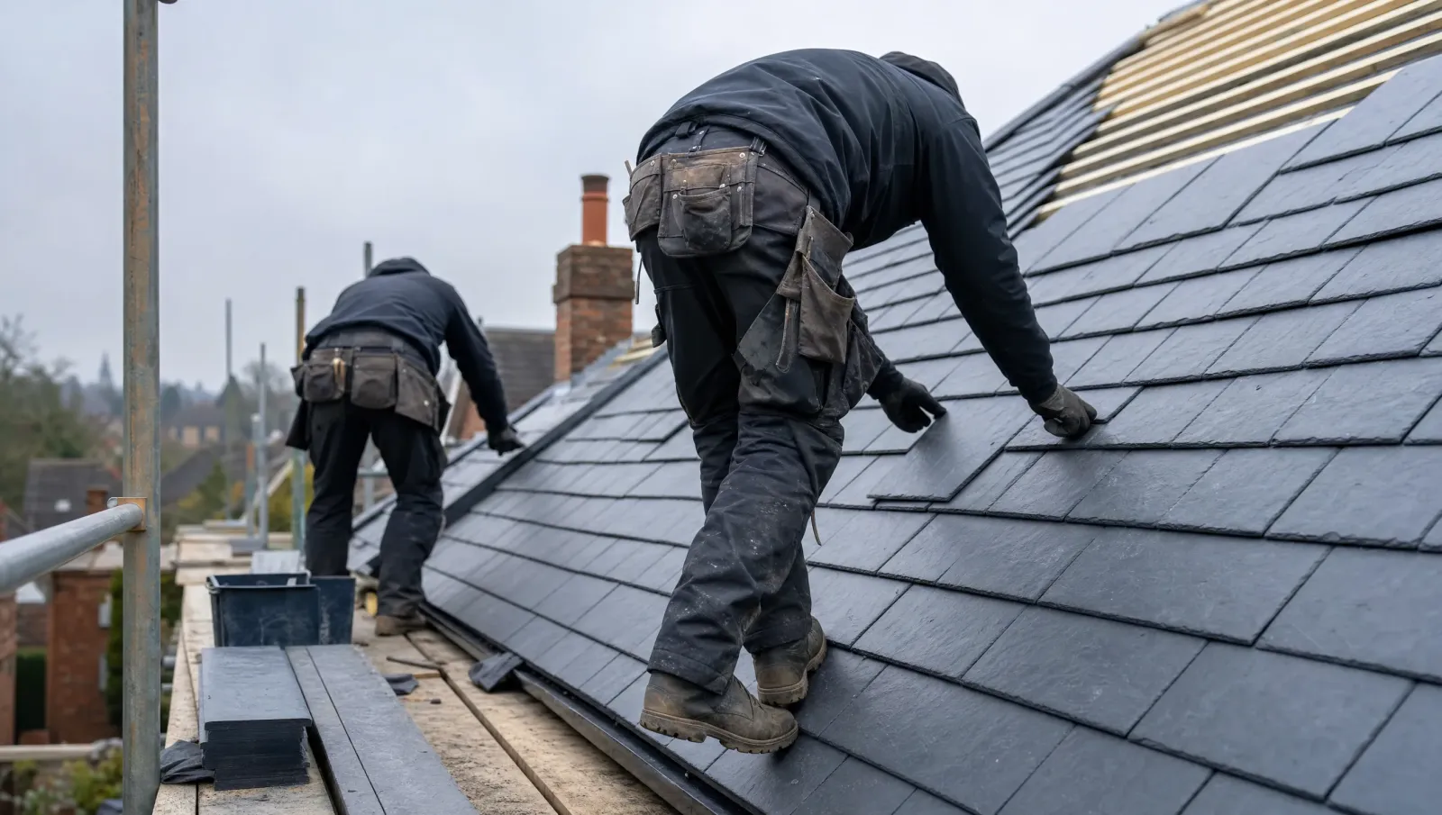 Roofing team fitting new slate tiles on a pitched roof